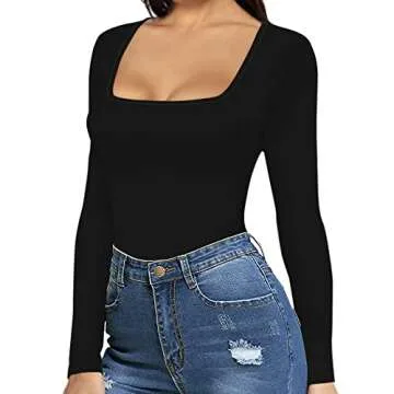 MANGOPOP Square Neck Bodysuit Long Sleeve for Women Short Sleeve Body Suit Going Out Tops Shirts