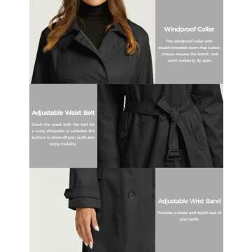 wantdo Women's Windbreaker Dress Coat Long Trench Jacket with Belt Black Small