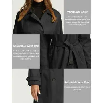 wantdo Women's Windbreaker Dress Coat Long Trench Jacket with Belt Black Small