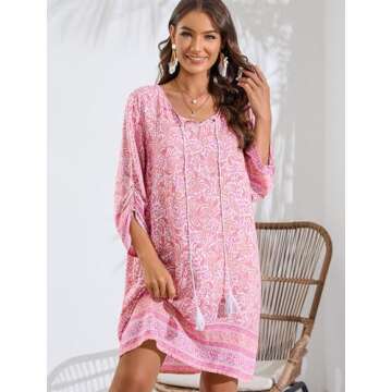 HOTOUCH Summer Dresses for Women Beach Floral Tshirt Sundress Casual Loose Dress Pink S