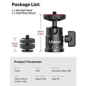 Mini Ball Head, ULANZI H28 Panoramic Tripod Head + Dual Hot Shoe Mount DSLR Camera Mount Adapter Photograph Attachment Accessories for Action Cameras Cam Smartphone Light Microphone Loading 5.5lb