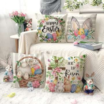 4TH Emotion Gray Easter Pillow Covers Set of 4 for Spring Decor - He is Risen Bunny Design