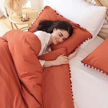 YIRDDEO Queen Comforter Set - Comforter Queen Size Sets with Ball Pom Fringe, Soft Bedding Set for All Seasons - 3 Pieces, 1 Comforter (90"x90") & 2 Pillow Shams (20"x26"), Terracotta