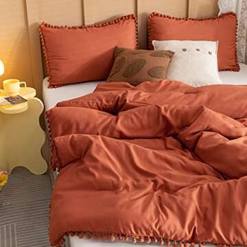 YIRDDEO Queen Comforter Set - Comforter Queen Size Sets with Ball Pom Fringe, Soft Bedding Set for All Seasons - 3 Pieces, 1 Comforter (90"x90") & 2 Pillow Shams (20"x26"), Terracotta