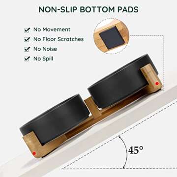SPUNKYJUNKY Ceramic Dog and Cat Bowl Set with Wooden Stand, Modern Cute Weighted Food Water Set for Small Size Dogs (13.5OZ) & Medium Sized Dogs (28.7OZ) & Cats (1.7 Cups, 2 × Black)