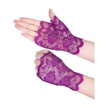 Short Fingerless Lace Gloves Tea Party Accessories for Women Short Bridal Floral Lace Gloves 80s Tea Party Gloves(Purple)