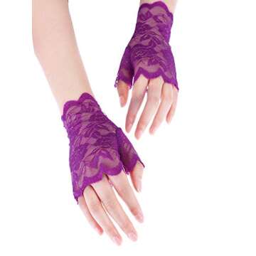 Short Fingerless Lace Gloves Tea Party Accessories for Women Short Bridal Floral Lace Gloves 80s Tea Party Gloves(Purple)