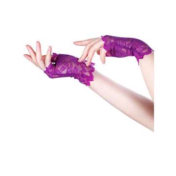 Short Fingerless Lace Gloves Tea Party Accessories for Women Short Bridal Floral Lace Gloves 80s Tea Party Gloves(Purple)