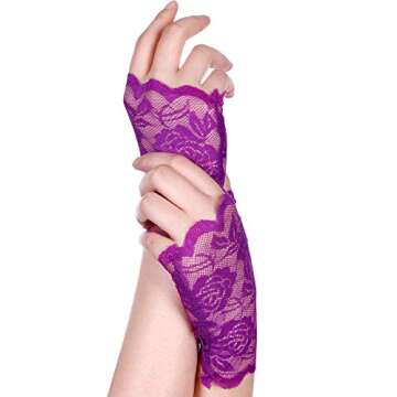 Short Fingerless Lace Gloves Tea Party Accessories for Women Short Bridal Floral Lace Gloves 80s Tea Party Gloves(Purple)