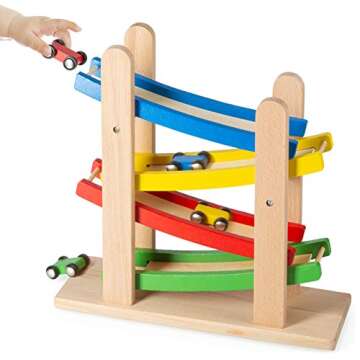 Play22 Wooden Car Ramps Race - 4 Level Toy Car Ramp Race Track Includes 4 Wooden Toy Cars - My First Baby Toys - Toddler Race Car Ramp Toy Set is A Great Gift for Boys and Girls - Original by Play22