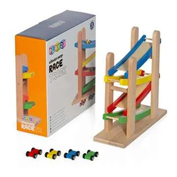 Play22 Wooden Car Ramps Race - 4 Level Toy Car Ramp Race Track Includes 4 Wooden Toy Cars - My First Baby Toys - Toddler Race Car Ramp Toy Set is A Great Gift for Boys and Girls - Original by Play22