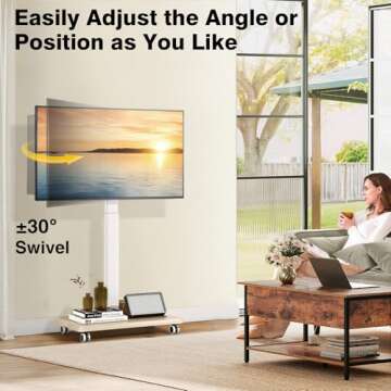 TVON Rolling TV Stand for 32 to 65 70 Inch TVs, Elegant Floor TV Stand with Wheels, Mobile TV Stand with 9 Levels of Height Adjustment for Optimal Viewing, White TV Stands for Living Room, Outdoor