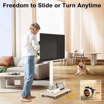 TVON Rolling TV Stand for 32 to 65 70 Inch TVs, Elegant Floor TV Stand with Wheels, Mobile TV Stand with 9 Levels of Height Adjustment for Optimal Viewing, White TV Stands for Living Room, Outdoor