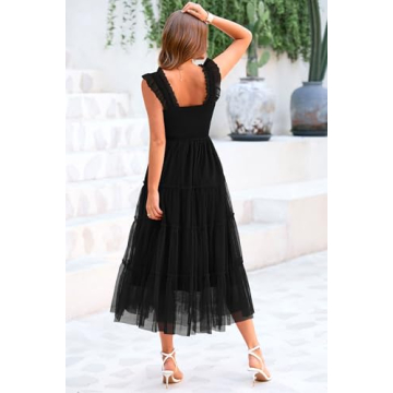 PRETTYGARDEN Women's Summer Midi Tulle Dress Sleeveless Smocked Square Neck Ruffle Flowy Party Wedding Guest Sundress (Black,X-Large)