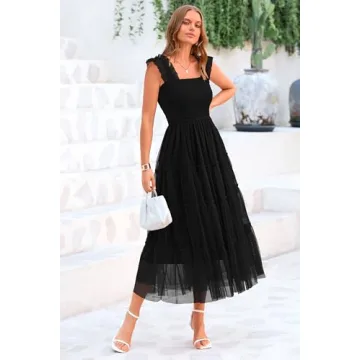 PRETTYGARDEN Women's Summer Midi Tulle Dress Sleeveless Smocked Square Neck Ruffle Flowy Party Wedding Guest Sundress (Black,X-Large)