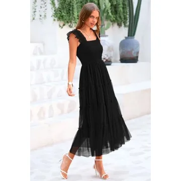 PRETTYGARDEN Women's Summer Midi Tulle Dress Sleeveless Smocked Square Neck Ruffle Flowy Party Wedding Guest Sundress (Black,X-Large)