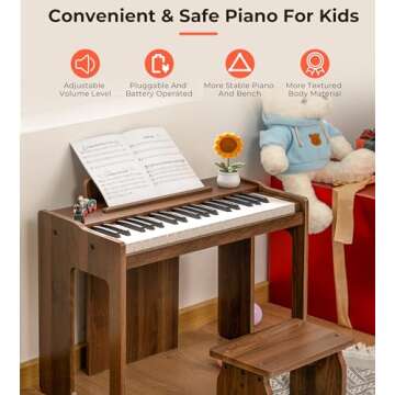 Vangoa Kids Piano Keyboard, 37 Keys Digital Piano for Kids, Music Educational Instrument Toy, Wood Piano for Girls and Boys, Dark Brown