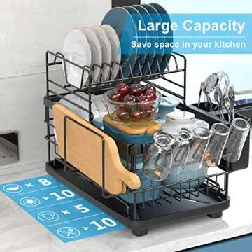 Aonee 2 Tier Dish Drying Rack with Drainboard, Cutlery Holder, Cutting-Board/ Cup Holder and 3 Hooks...