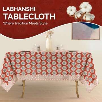 Labhanshi Indian Handblock Print Floral 100% Cotton Canvas Rectangle Table Cloth|72x108 Inch 8-Seate...