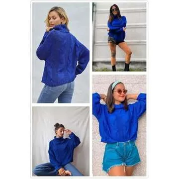 Dokotoo Women Winter Oversized Turtleneck High Neck Long Sleeve Cable Knit Chunky Sweaters Pullover Outerwear Blue L