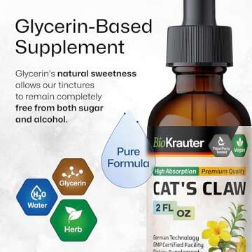 BIO KRAUTER Cats Claw Tincture - Vegan Cat's Claw Supplement - Immune Support - Alcohol & Sugar Free Extract - Vegan Drops 2 Fl.Oz.