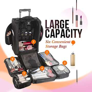 Kemier Portable Cosmetic Organizer,Soft-Sided Nylon Rolling Makeup Case with Pouches,Black