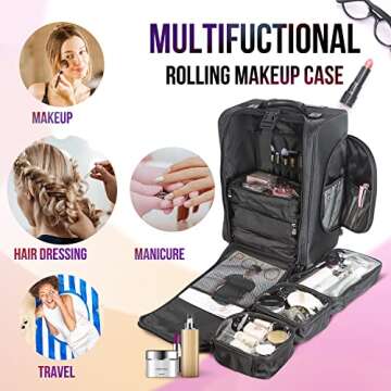 Kemier Portable Cosmetic Organizer,Soft-Sided Nylon Rolling Makeup Case with Pouches,Black