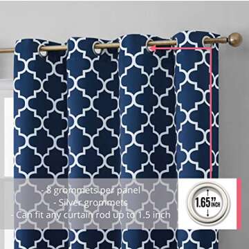 HLC.ME Lattice Printed Blackout Curtains - 72" Length Thermal Window Treatments, Navy Blue, 2 Panels...