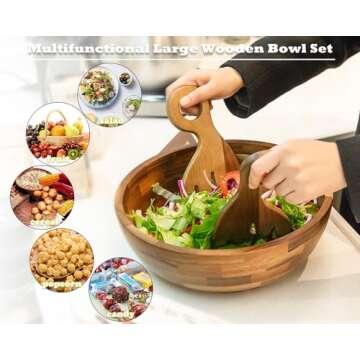 Decent Vrvege Wooden Salad Bowl Set, Big Wood Salad Mixing Bowls with Salad Claws, Solid Acacia Serving Bowl with Salad Hands, Large Stiring Mixing Food Serving Bowl for Home Party Dinner