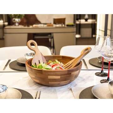 Decent Vrvege Wooden Salad Bowl Set, Big Wood Salad Mixing Bowls with Salad Claws, Solid Acacia Serving Bowl with Salad Hands, Large Stiring Mixing Food Serving Bowl for Home Party Dinner