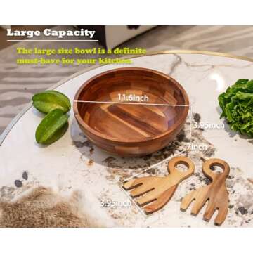 Decent Vrvege Wooden Salad Bowl Set, Big Wood Salad Mixing Bowls with Salad Claws, Solid Acacia Serving Bowl with Salad Hands, Large Stiring Mixing Food Serving Bowl for Home Party Dinner