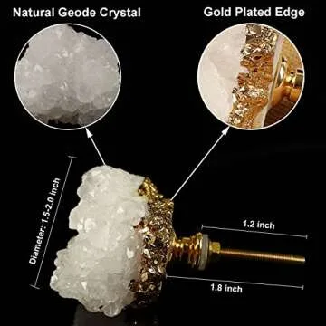 JIC Gem 4 Pack Crystal Stone Cabinet Knobs Quartz Geode Druzy Gold-Plated Handles Natural Gemstone Cupboard Drawer Pulls for Home Office Décor