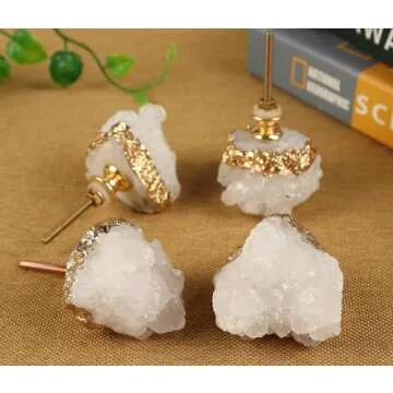 JIC Gem 4 Pack Crystal Stone Cabinet Knobs Quartz Geode Druzy Gold-Plated Handles Natural Gemstone Cupboard Drawer Pulls for Home Office Décor