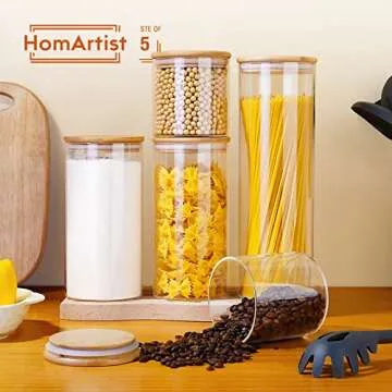 HomArtist Glass Jars with Bamboo Lids [Muti Size Set of 5], Glass Canisters with Airtight Lids, Glass Food Storage Containers for Pasta, Oats, Coffee, Flour, Sugar, Rice, Best for Kitchen & Pantry