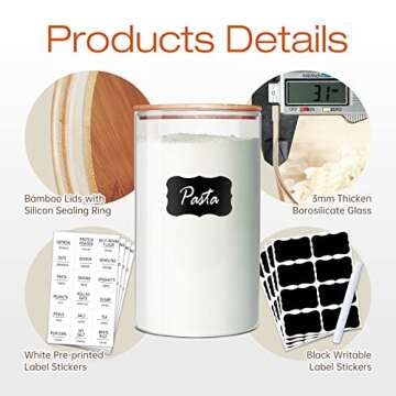 HomArtist Glass Jars with Bamboo Lids [Muti Size Set of 5], Glass Canisters with Airtight Lids, Glass Food Storage Containers for Pasta, Oats, Coffee, Flour, Sugar, Rice, Best for Kitchen & Pantry