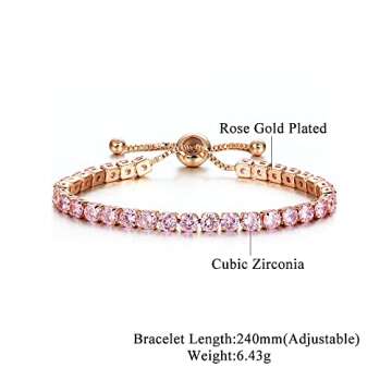CiNily Adjustable Tennis Bracelets for Women Pink Cubic Zirconia Bracelet 14K Rose Gold Plated Hypoallergenic Slider Bracelet Jewelry Gift