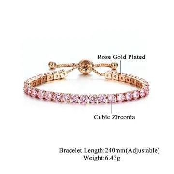CiNily Adjustable Tennis Bracelets for Women Pink Cubic Zirconia Bracelet 14K Rose Gold Plated Hypoallergenic Slider Bracelet Jewelry Gift