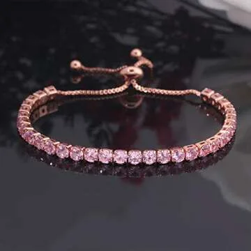 CiNily Adjustable Tennis Bracelets for Women Pink Cubic Zirconia Bracelet 14K Rose Gold Plated Hypoallergenic Slider Bracelet Jewelry Gift