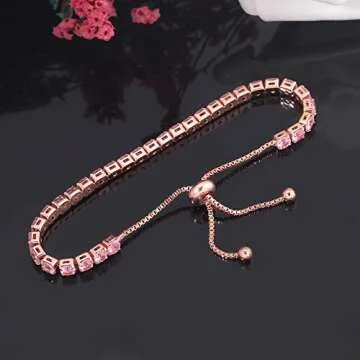 CiNily Adjustable Tennis Bracelets for Women Pink Cubic Zirconia Bracelet 14K Rose Gold Plated Hypoallergenic Slider Bracelet Jewelry Gift