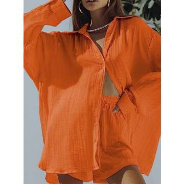 Fixmatti Women 2 Piece Outfits Cotton Linen Set for Summer Long Sleeve Button Down Shirt and Shorts Orange S