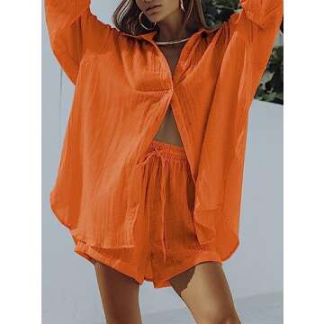 Fixmatti Women 2 Piece Outfits Cotton Linen Set for Summer Long Sleeve Button Down Shirt and Shorts Orange S