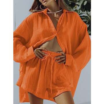 Fixmatti Women 2 Piece Outfits Cotton Linen Set for Summer Long Sleeve Button Down Shirt and Shorts Orange S