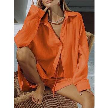 Fixmatti Women 2 Piece Outfits Cotton Linen Set for Summer Long Sleeve Button Down Shirt and Shorts Orange S