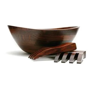 Lipper International Cherry Finished Wavy Rim Serving Bowl with 2 Salad Hands, Large, 13" x 12.5" x 5", 3-Piece Set