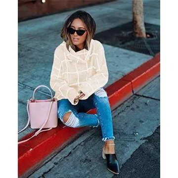 cordat Womens Turtleneck Grid Pattern Loose Pullover Sweaters Long Sleeve Chunky Plaid Knitted Jumper Tops (S,Apricot)