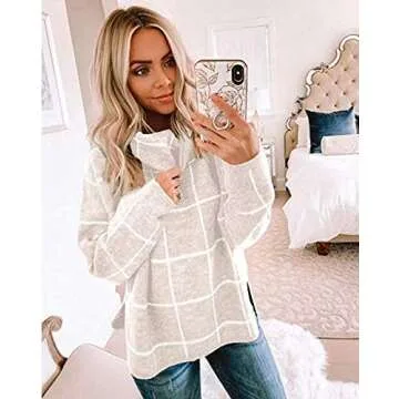 cordat Womens Turtleneck Grid Pattern Loose Pullover Sweaters Long Sleeve Chunky Plaid Knitted Jumper Tops (S,Apricot)