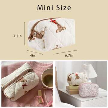 Cute Small Floral Cotton Makeup Bag, Quilted Zipper Pouch with Coquette Bear for Women and Girls, Ka...