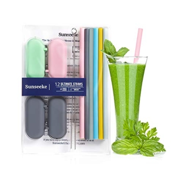 Sunseeke Silicone Straws Reusable - Odorless, 12 Standard Drinking Straws, 4 Carry Pouch, 2 Cleaning Brushes, Certificated Food Grade Platinum Silicone - 8 1/2" Long