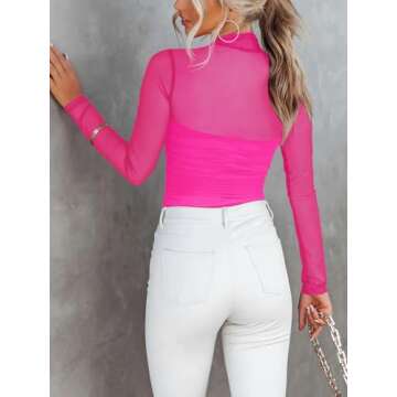 REORIA Women’s Fall Sexy Mock Turtle Neck Long Sleeve Sheer Mesh Slim Fit Ruched Trendy Going Out ...