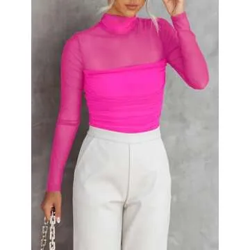 REORIA Women’s Fall Sexy Mock Turtle Neck Long Sleeve Sheer Mesh Slim Fit Ruched Trendy Going Out Leotard Bodysuits Tops Neon Rose Red Small